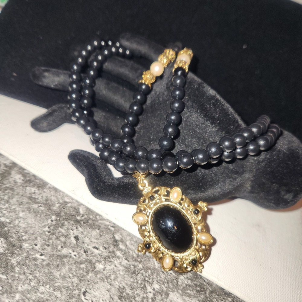 1928 Jewelry Black Bead Necklace Gold Tone Filigree‎ Faux Pearl Cabochon Pendant